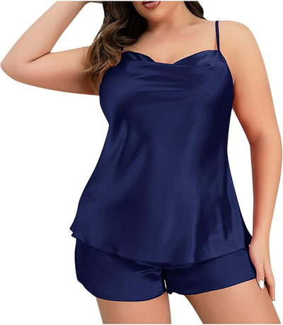 Womens Plus Size Silk Satin Pajama Set Cami Top and Shorts