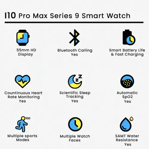 I10 Pro Max Smart Watch Series 9 – Bluetooth Calling, Hd Display, Fitness & Health Tracker | Best Quality Smart Watch