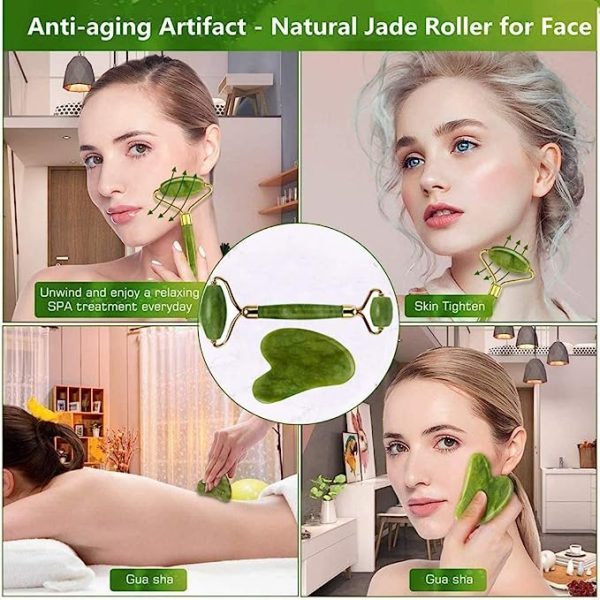 Jade Roller And Gua Sha Flawless Jade Roller With Guasha (marble Stone) Stimulates Healthier Skinet, Facial Roller For Skin, Jade Roller & Guasha Reduce Puffiness